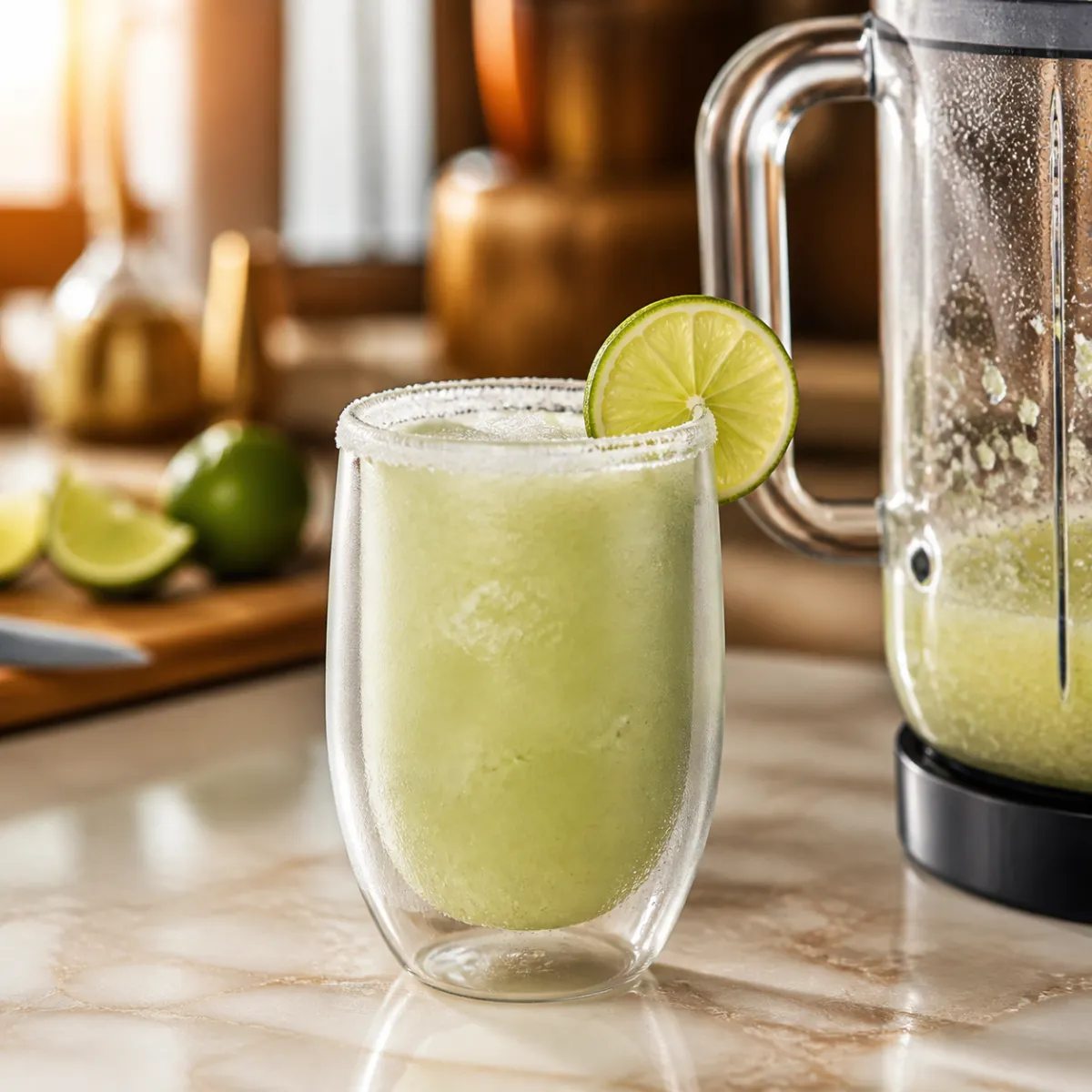 Double-wall insulated tumbler holding a thick frozen margarita