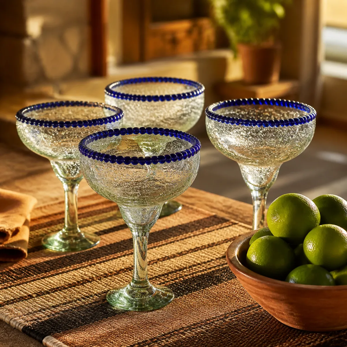 Mexican hand-blown margarita glasses with cobalt blue beaded rims