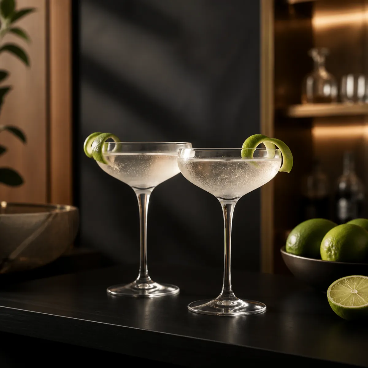 Modern coupe-style cocktail glasses on a minimalist home bar