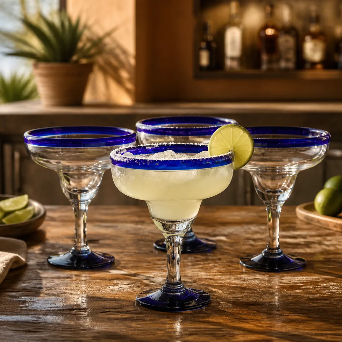 Set of four heavy stemmed margarita glasses with cobalt blue rims