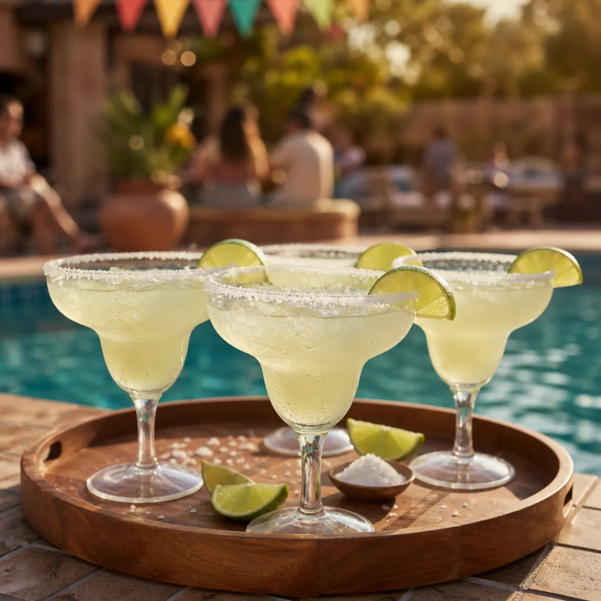 Clear shatterproof plastic margarita glasses at a poolside party