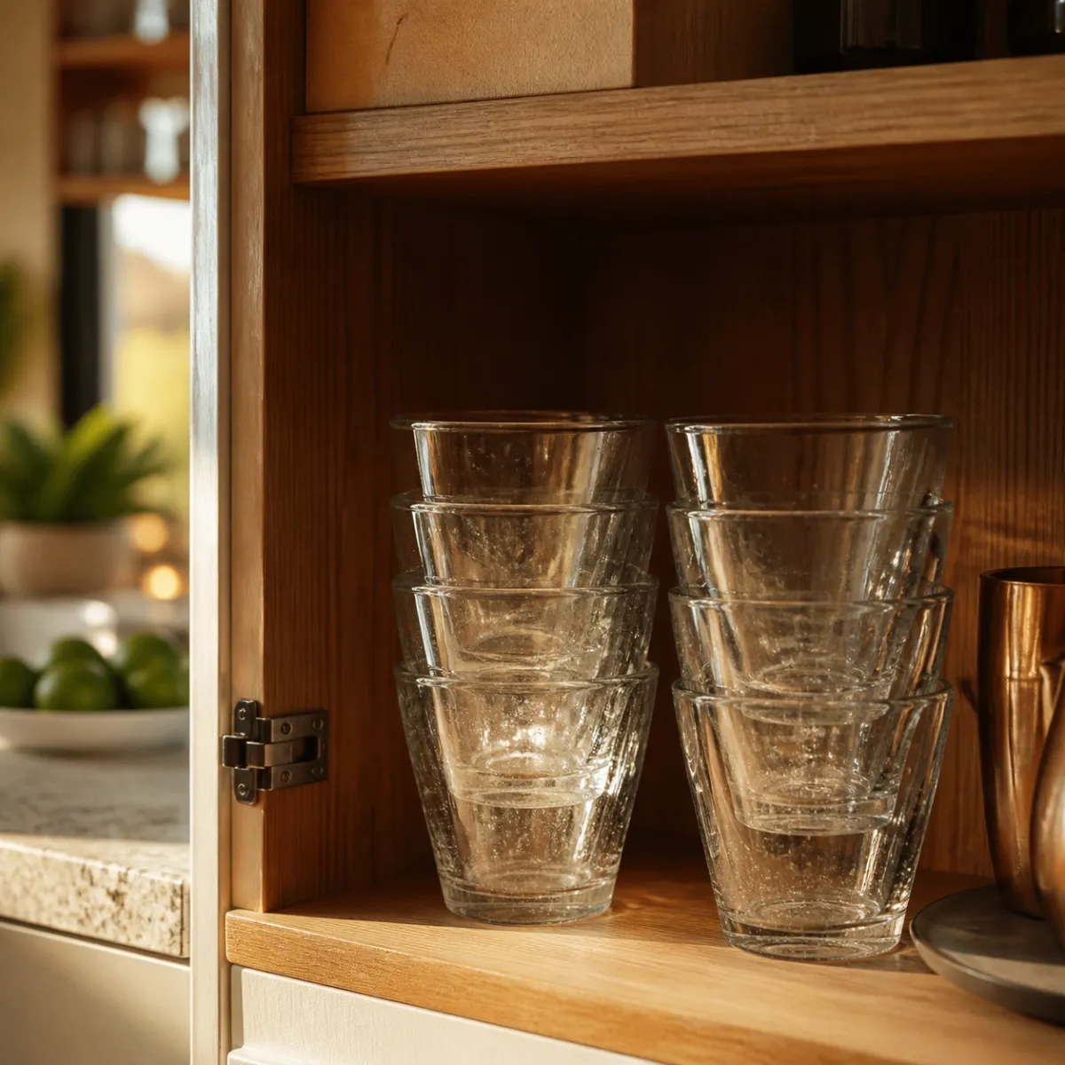 Stackable margarita glasses nested in a low kitchen cabinet