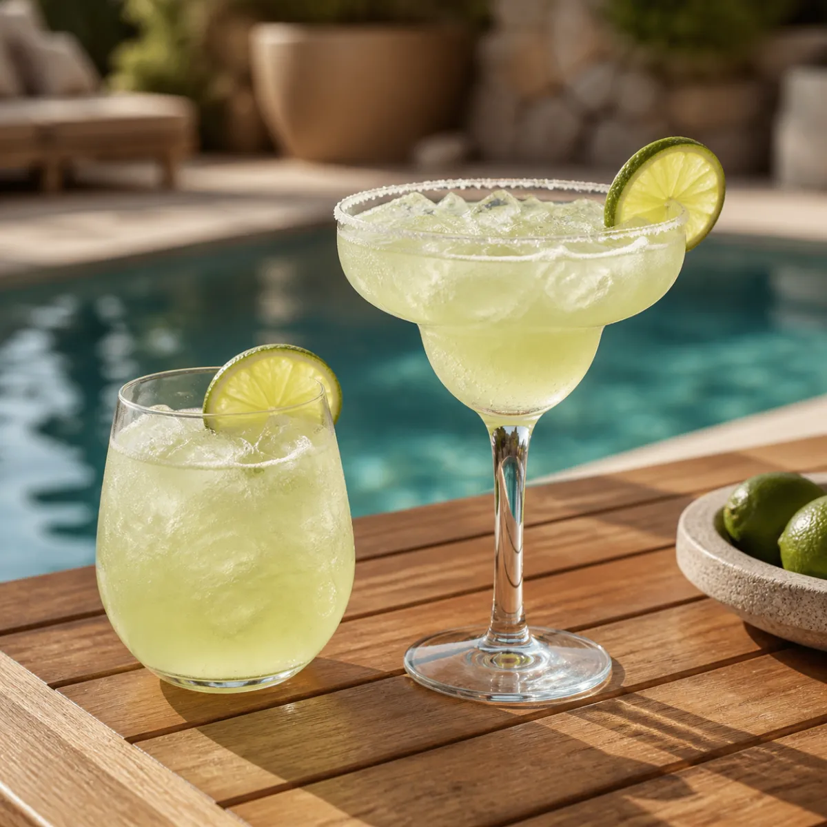 Stemless margarita glass beside a stemmed one on a poolside patio table