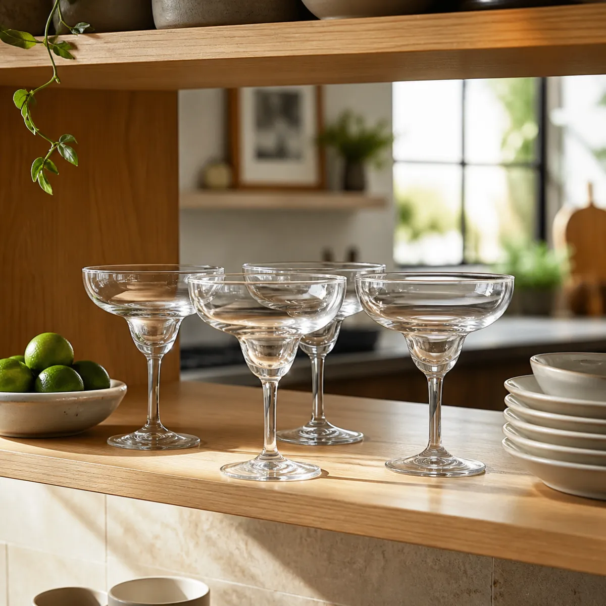 Everyday margarita glass set of four on an open kitchen shelf