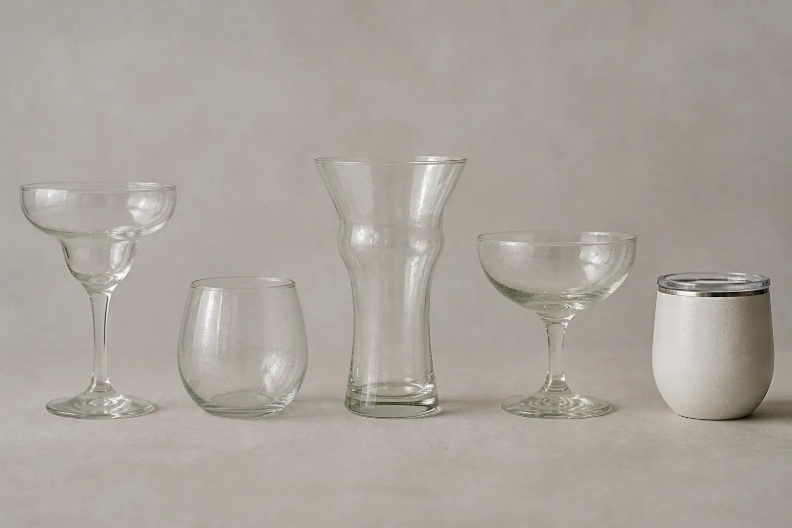 Row of margarita glass shapes shown side by side for size comparison