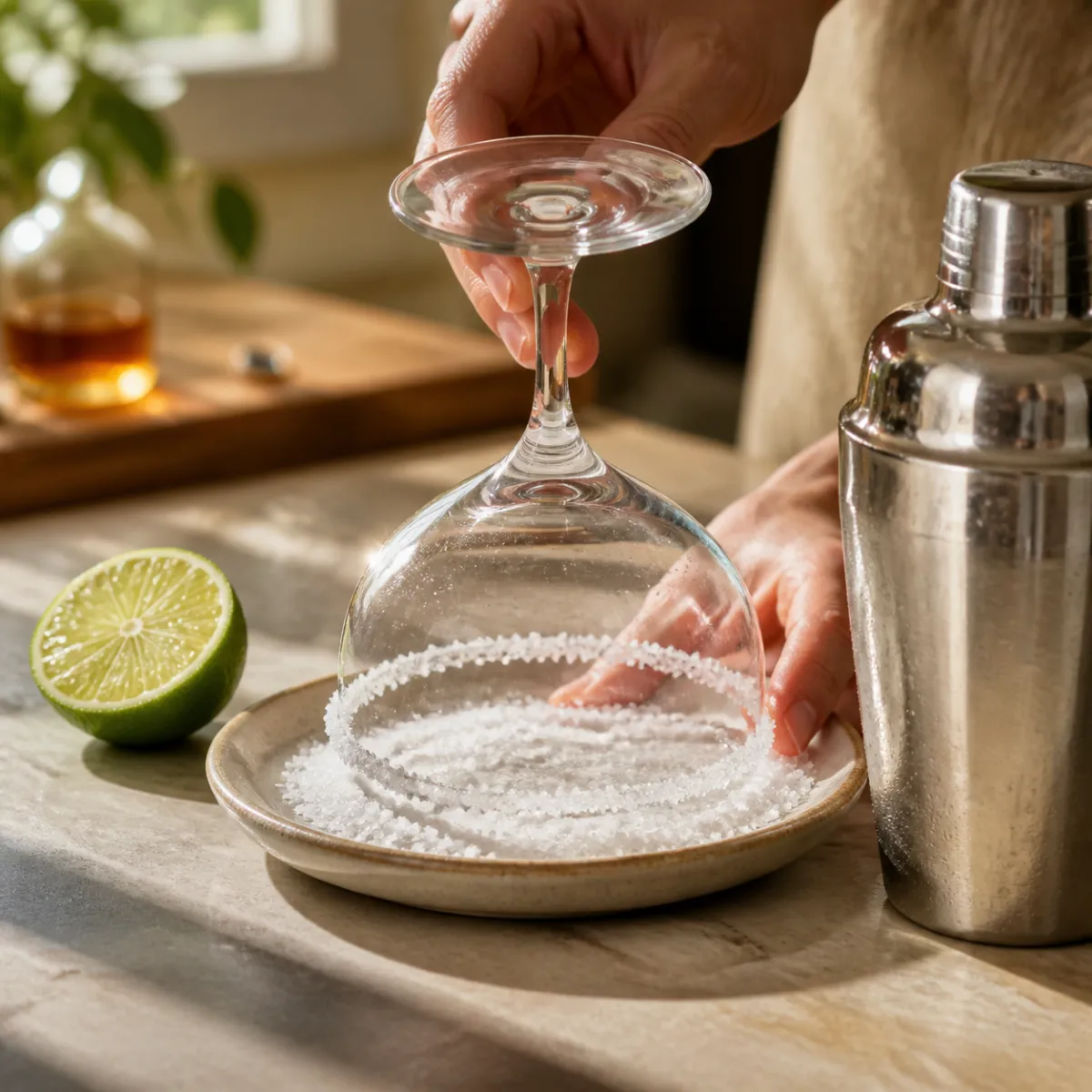 Hands rimming a margarita glass with coarse salt on a kitchen counter