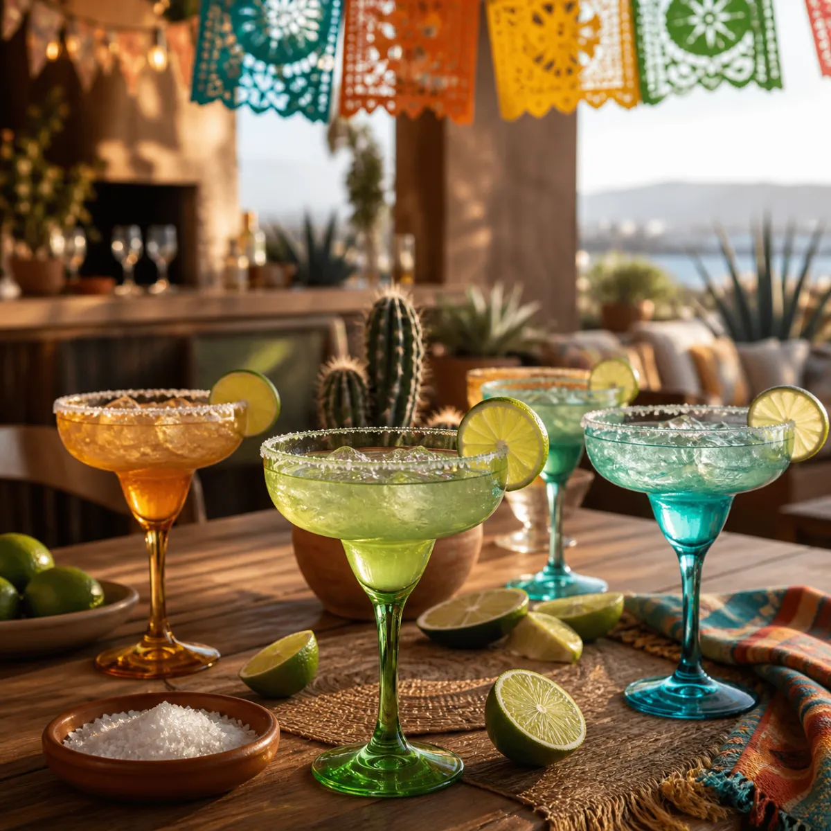 Colorful margarita glasses on a Cinco de Mayo fiesta table