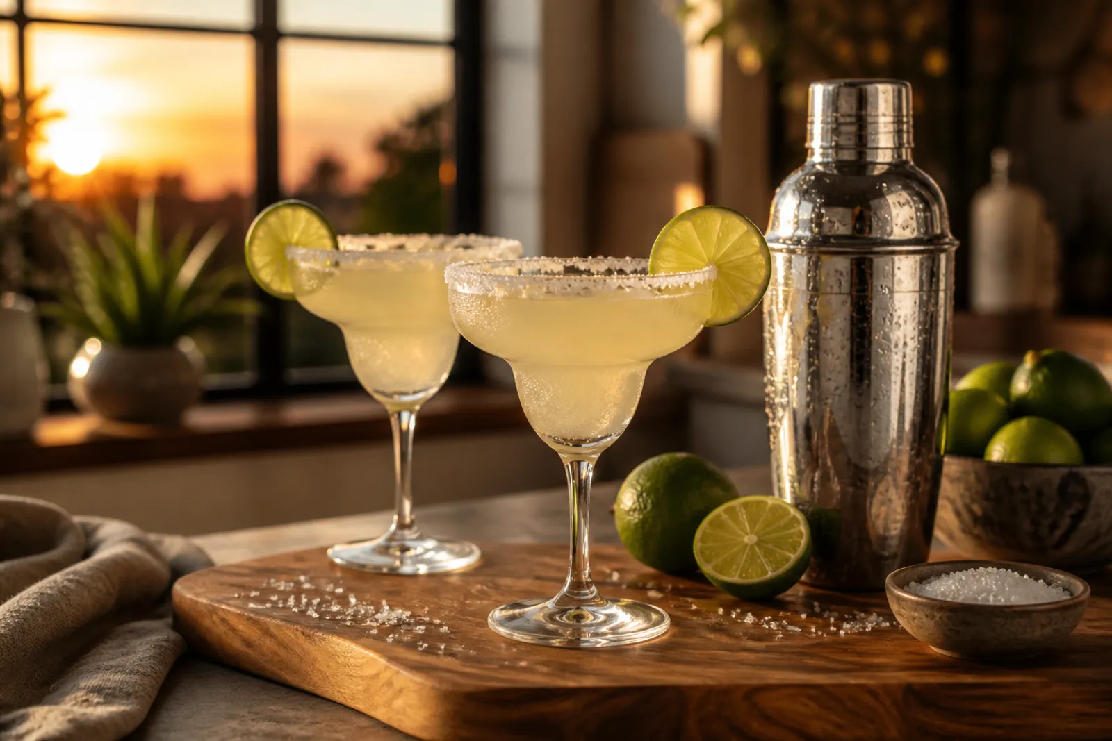 Two finished margaritas with salted rims ready to serve