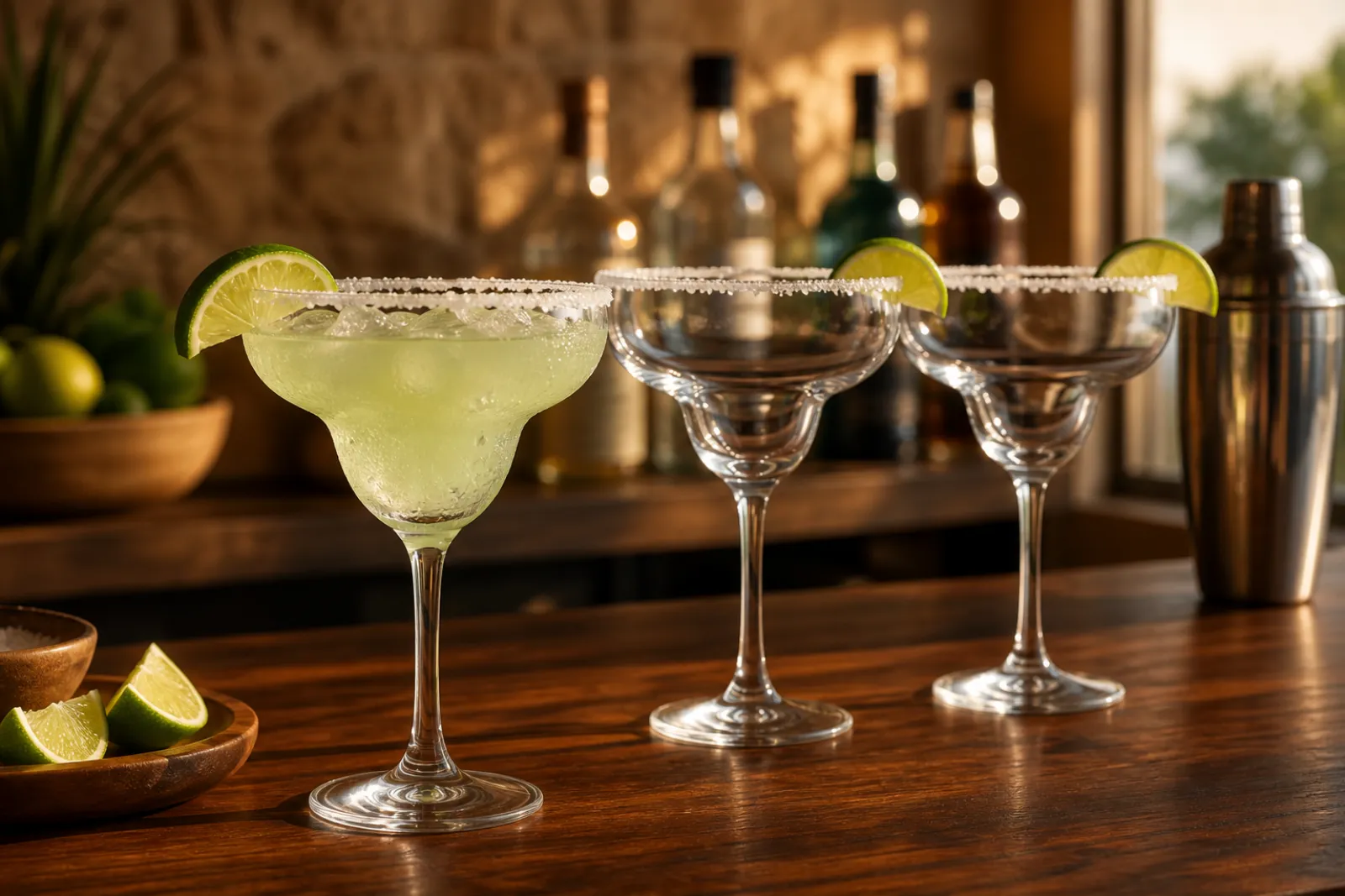 Classic margarita glasses with salted rims and lime wedges on a home bar counter