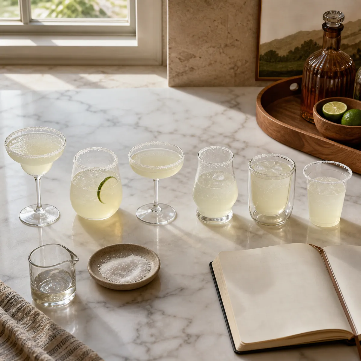 Six margarita glass types lined up for comparison on a marble counter