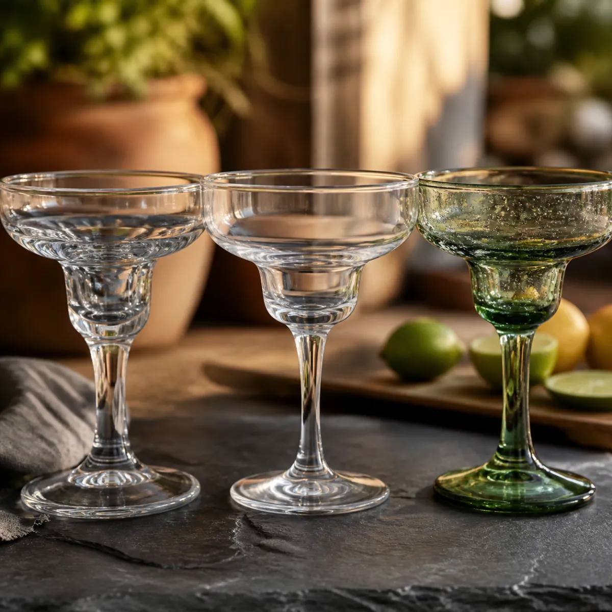 Close-up comparison of glass, acrylic and hand-blown margarita glass materials