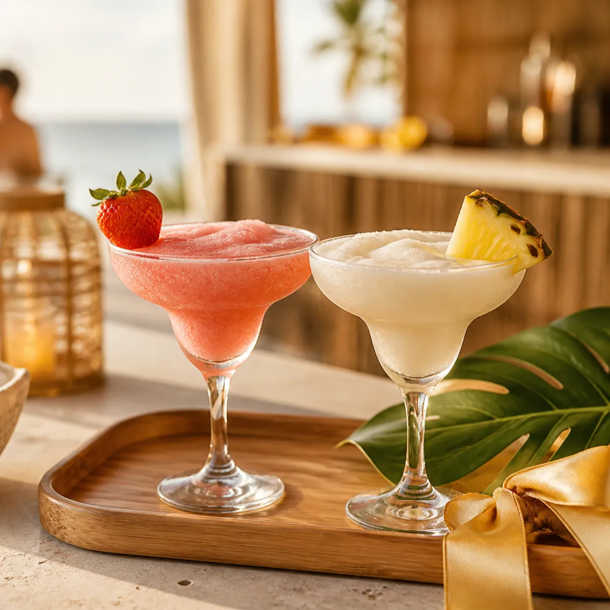 Margarita glasses serving a frozen daiquiri and a pina colada